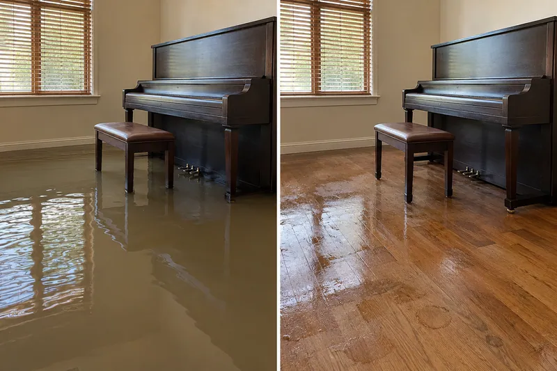 Water Extraction Near Bailey Lake Park — matched room before extraction and after bulk collection with damp flooring