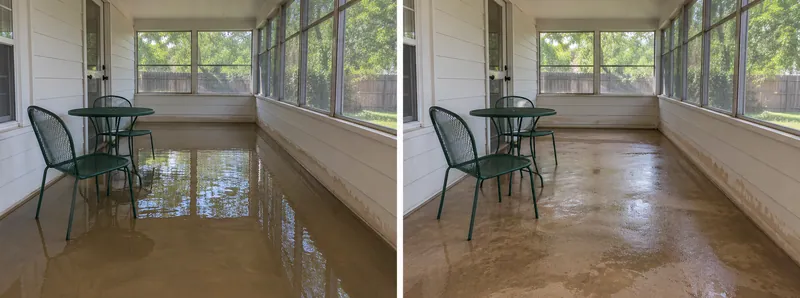 Water Extraction Near Chisenhall Fields Sports Complex — matched room before extraction and after bulk collection with damp flooring