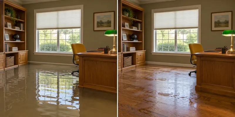 Water Extraction Near Meadowcrest Park — matched room before extraction and after bulk collection with damp flooring