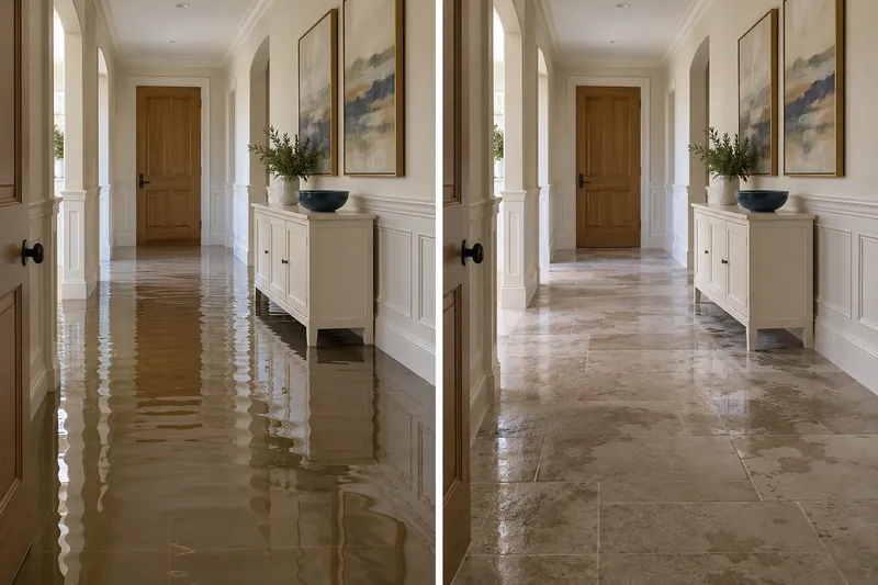 Water Extraction Near Bartlett Park — matched room before extraction and after bulk collection with damp flooring