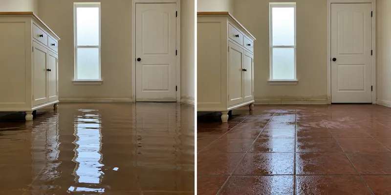 Water Extraction Near Warren Park — matched room before extraction and after bulk collection with damp flooring