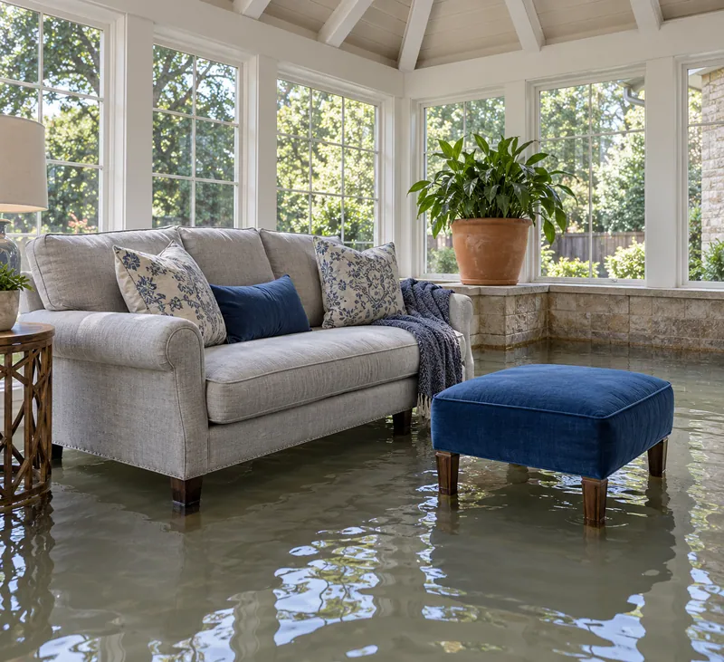 Water Extraction Near Warren Park — standing water with partly submerged furniture feet