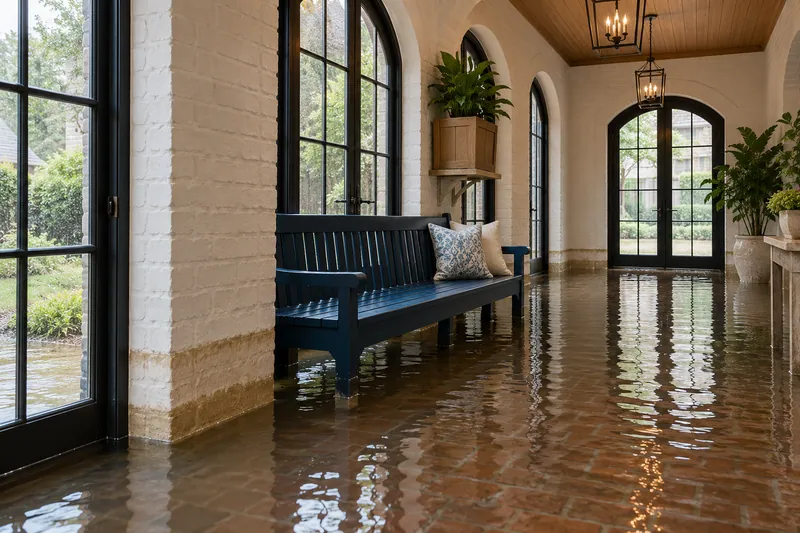 Water Extraction in Burleson — deep standing water around a bench in a brick-floored breezeway